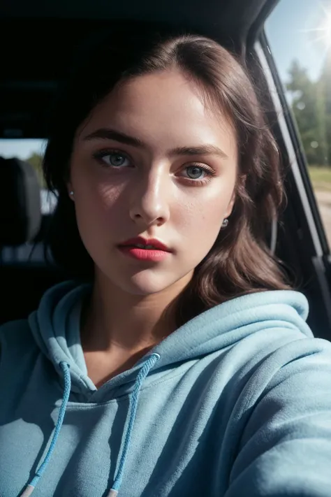 RAW photo, a 22-year-old-girl, upper body, selfie in a car, blue hoodie, inside a car, driving, lipstick, soft lighting, high quality, highres, sharp focus, extremely detailed, (sunlight on face), beautiful detailed eyes, masterpiece, cinematic lighting, dslr, Fujifilm XT3