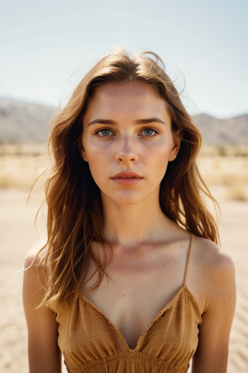 a european girl outdoors, california dessert, summer dress, ginger, by lee jeffries nikon d850 film stock photograph 4 kodak portra 400 camera f1.6 lens rich colors hyper realistic lifelike texture dramatic lighting unrealengine trending on artstation cinestill 800