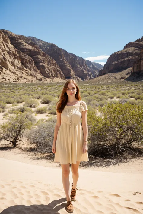 a european girl outdoors, california dessert, summer dress, ginger