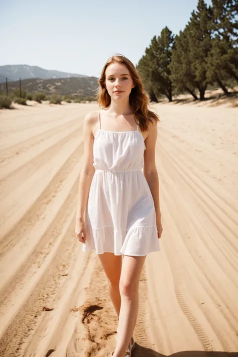 full body, Young stunning woman dreamy aesthetic characterized by a white scheme, white shoes, distressed or weathered elements, organic emphasis, and a rustic, vintage feel --ar 3:4 --style raw --v 6.0