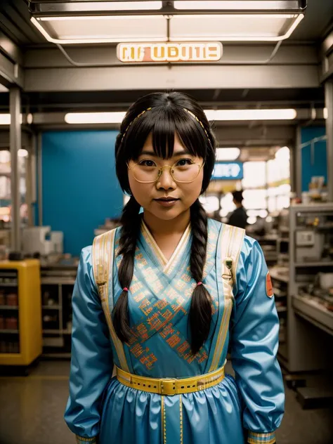 photograph, POV shot of a Retrofuturistic Resourceful Hmong Man cosplaying as Mindy Lahiri, FOV 90 degrees, film grain, Kodak gold 200, F/14, Cyan and Azure neon hue
