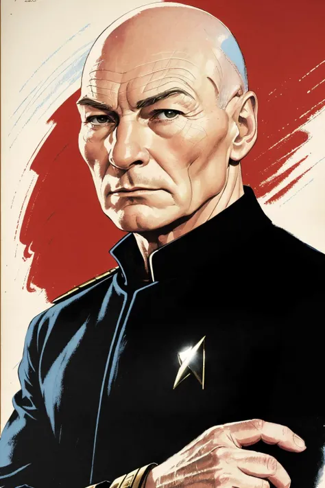 (Bob Peak) poster of young Patrick Stewart
as captain picard in star trek
red uniform
(best quality, masterpiece)