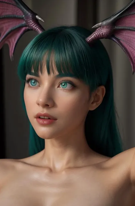 (hyperrealistic), (masterpiece, best quality;1.0), extremely detailed, ultra detailed,1GIRL, in her bright bedroom, (asian:0.3), <lora:morrigan:1.0> morrigan aensland, thin feminine body, (thin body:1.1), perky_breasts, (massive_areolae), (bright_eyes:), (detailed eyes:1.4), detailed pretty face, (turquoise_hair:0.5), blush, bangs, (looking at viewer:1.4), (happy), wings, detailed skin, clear skin, detailed, perfect skin, skin pores, goosebumps
