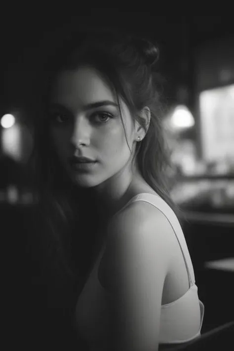 Deep photo, depth of field, ferrania p30 film, shadows, portrait of the most beautiful girl, messy bun hair, sitting in a coffee shop, nighttime, dimly lit, dark, b&w, nighttime, dark photo, grainy, dimly lit, b&w, instagram model, crushed blacks, ((dynamic pose)), bokeh, beautiful eyes, symmetrical face