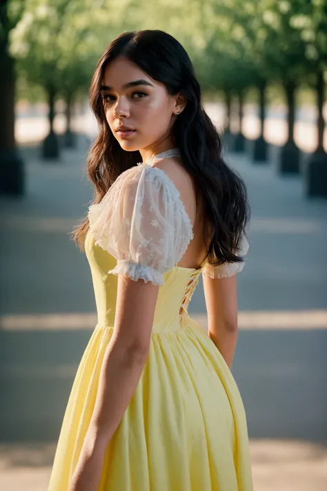 HaileeSteinfeld1, beautiful and aesthetic, smile, Snow Princess, snow white dress from disney, blue, yellow, Kodak portra 800, f1.8