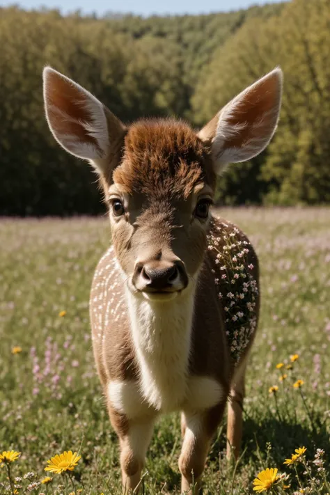 photo of a cute little baby deer surrounded by beautiful flowers in a meadow, 8k resolution concept art( intricate details:1.2), beautiful eyes, sunlight, (high quality:1.2), trending on artstation, 8k, absurdres, chibi, extremely detailed fur,(close up:1.1)