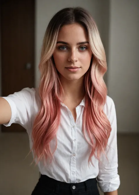 taken with iphone camera BREAK medium shot selfie of a pretty young woman BREAK (ombre:1.3) blonde pink BREAK film grain, medium quality