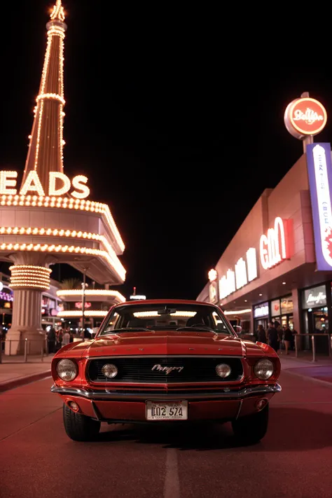 Photo of a classic red mustang car parked in las vegas strip at night