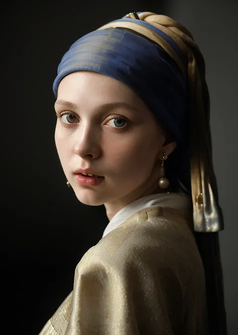 RAW photography, (Girl with a Pearl Earring by Johannes Vermeer:1.1), ((best quality)), (Pearl:1.3),highly detailed, smooth, sharp focus, cinematic lighting, kkw-ph1, epiCRealism, heavy fabric jacket, white collar