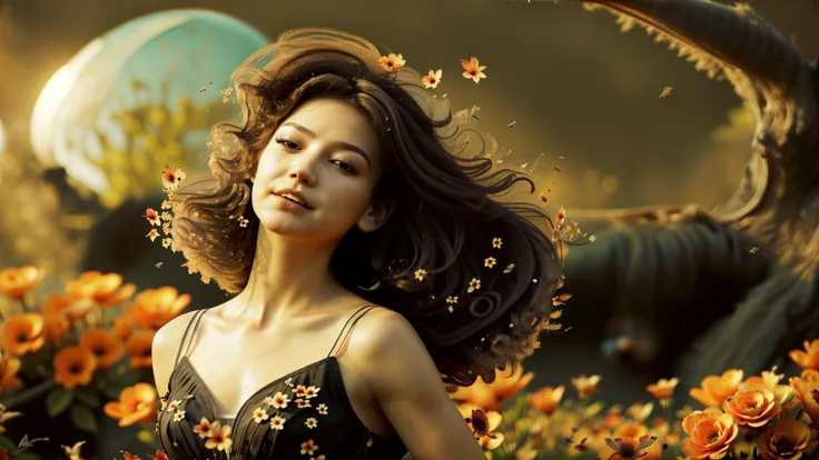 an awarded photo of 1girl perfect face, in summer garden full of flowers in egzotic alien planet, alien plants and alien flowers,she wear long black dress with corset and high hells, she is happy and dancing with wind, leaves and colorful flowers blown by the wind, great scennery, harmonic, delicate pastel colors, exceptional artistic performance, ultradetailed, masterpiece, photorealistic, delicate lights photo by canon eos delicate depth of field, boekh dark vibe <lora:hipoly_3dcg_v7-epoch:1> <lora:LunarPunkAI:1> 8k wallpaper AnjelikaV2