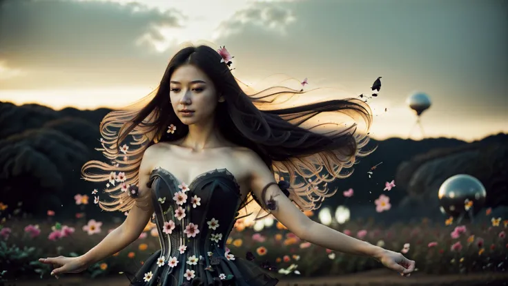an awarded photo of 1girl perfect face, in summer garden full of flowers in egzotic alien planet, alien plants and alien flowers,she wear long black dress with corset and high hells, she is happy and dancing with wind, leaves and colorful flowers blown by the wind, great scennery, harmonic, delicate pastel colors, exceptional artistic performance, ultradetailed, masterpiece, photorealistic, delicate lights photo by canon eos delicate depth of field, boekh dark vibe <lora:hipoly_3dcg_v7-epoch:1> <lora:LunarPunkAI:1> 8k wallpaper AnjelikaV2