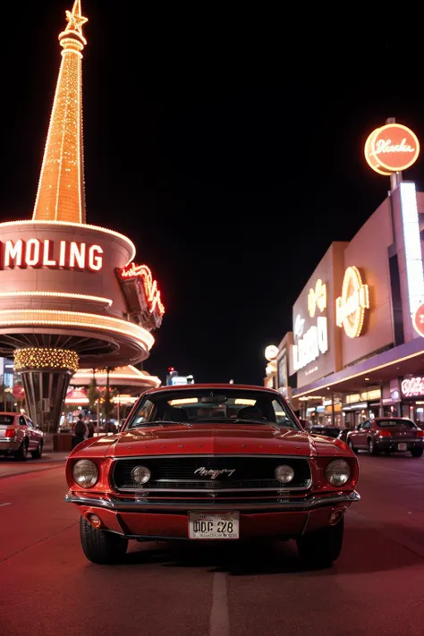 Photo of a classic red mustang car parked in las vegas strip at night