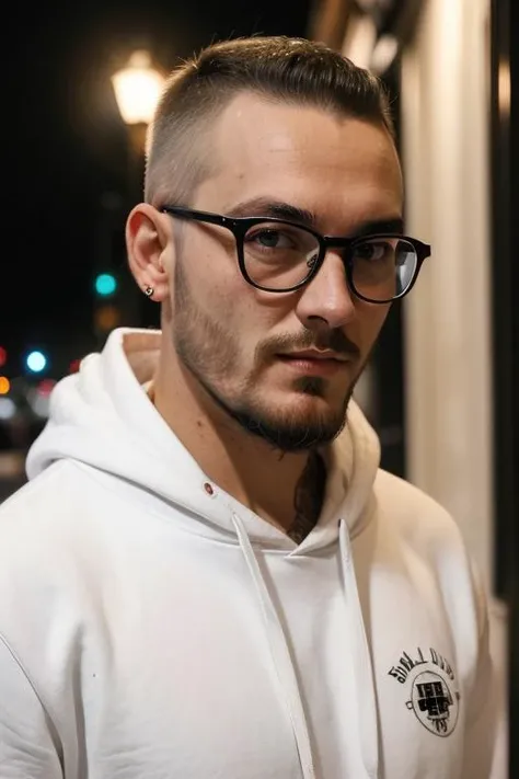 a guy at night in a blood on white hoodie, looks like a killer, buzz cut, beard, glasses, Salvador Dal, Geiger