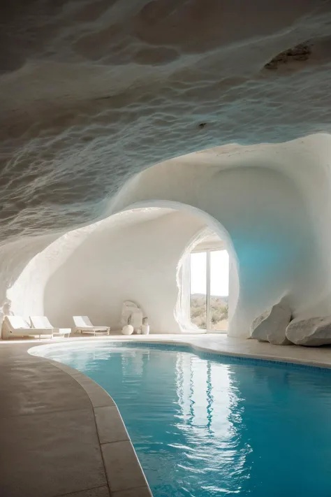 film still of inside a modern white spacious design (Swimming Pool a smooth stone cave:1.25), smooth shading, desert, daylight, bright colors