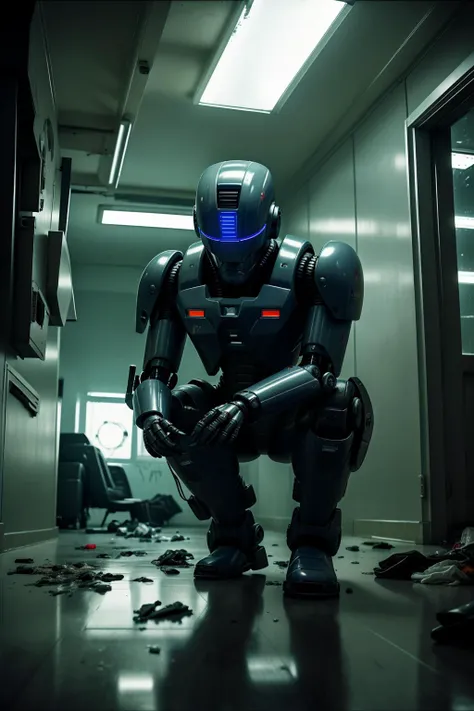 fantchar, a futuristic robot police officer searching through a grungy sci-fi apartment, robocop, neon lights in the windows, helmet, trash on the floor and holes in the walls, realistic, highly detailed, intricate