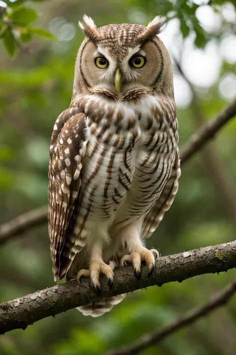 realistic, hyperrealistic, owl sitting on a branch