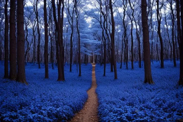 realistic, hyperrealistic, forest of blue trees, blue leaves on trees, blue grass