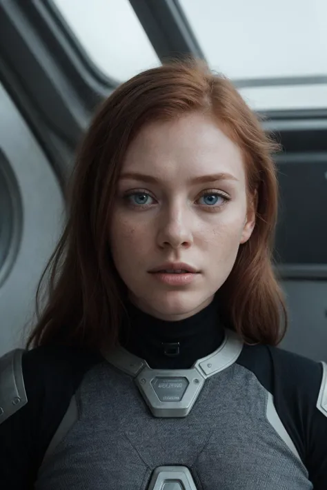 photo of a ginger woman, in space, futuristic space suit, (freckles:0.8) cute face, sci-fi, dystopian, detailed eyes, blue eyes visage, fin gros seins fitgil en maillot de bain sur une plage du sud de la France Cheveux Longs,