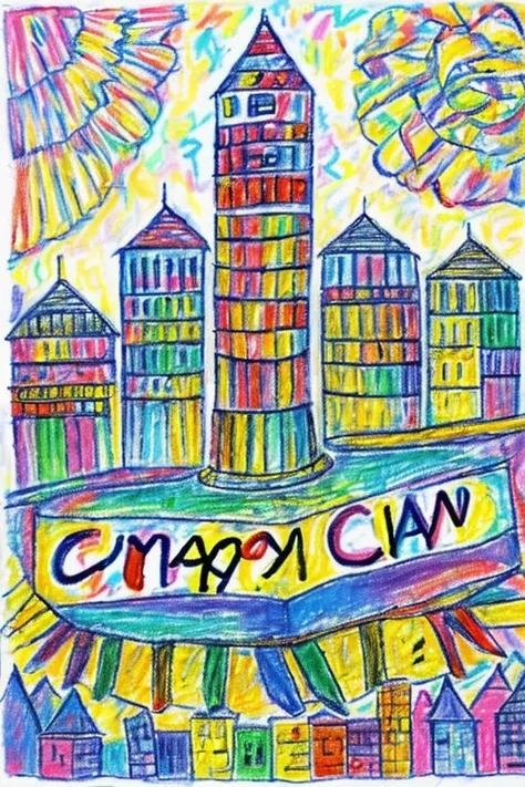 a big sign that says crayon above a big city <lora:crayons_v1:1>