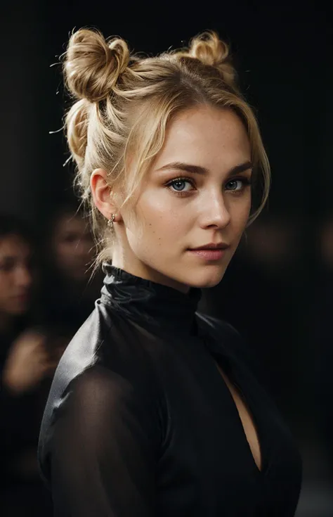 an eye contact of a blond with bun hair and dark theme