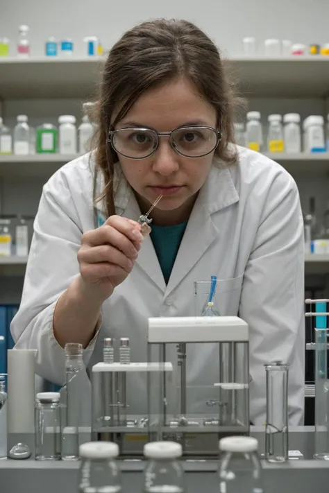 A realistic image of a scientist in a laboratory, surrounded by test tubes and microscopes, conducting experiments. Shot from a close-up angle to capture the sense of precision and curiosity.