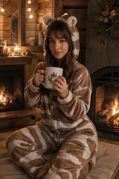 a woman in a cozy onesie outfit, nestled by a crackling fireplace in a cabin in the woods, her onesie patterned with adorable woodland creatures, sipping hot cocoa from a mug, a scene of comfort and relaxation