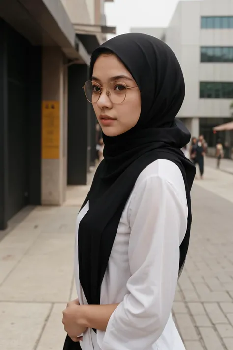 1girl,  Austronesian, black hair, hijab,   semi-rimless eyewear, sidewalk, upper body, 
<lora:epiCRealismHelper:1> , sfw,  <lora:people_count_slider_v1:2>