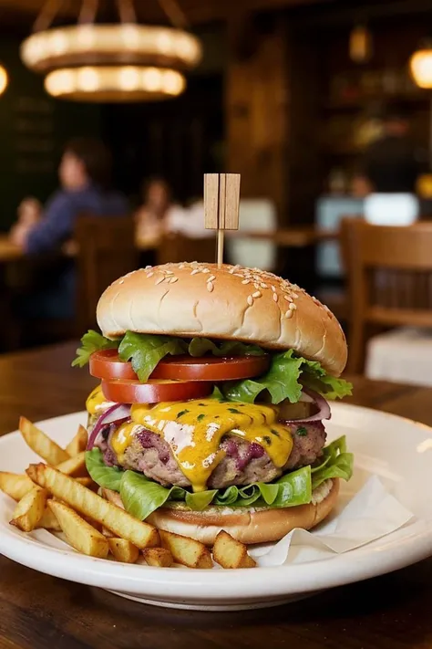 food, photography, portrait of 1 plate burger with fries, wooden table, details, hot, soft focus, dramatic light, low ligt, blurry background