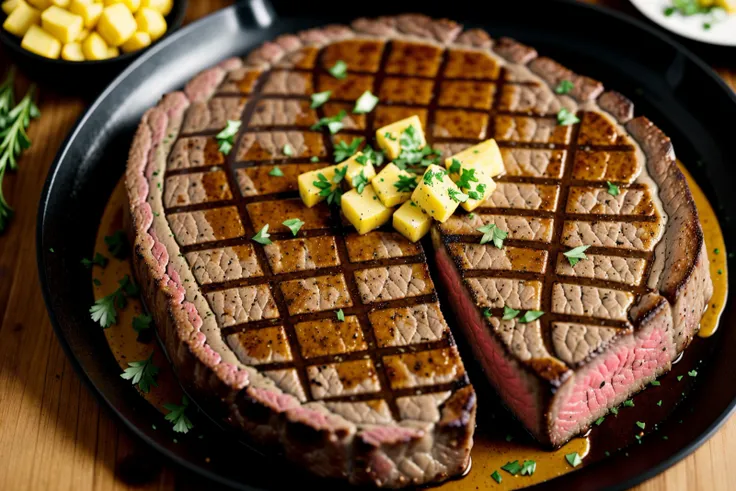 t-bone steak medium rare, garlic butter on top as a culinary dish, professional colour grading, soft shadows, no contrast, clean sharp focus, food photography