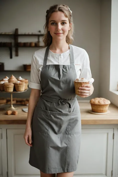A woman, wearing an apron, cooking food, smirk, (best quality,4k,photography), detailed coat, bustling urban atmosphere, vibrant colors


