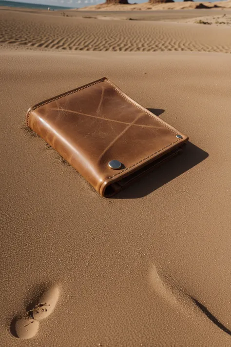 Photo of a leather wallet lying in the sand, intricate details