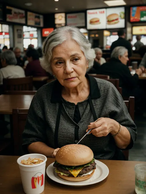 old woman in cafeteria, crowded burgers MacDonald's, intricate details, hdr, intricate details, hyperdetailed, cinematic, dark shot, muted colors, film grainy, soothing tones, muted colors, technicolor, (muddy:0.6)