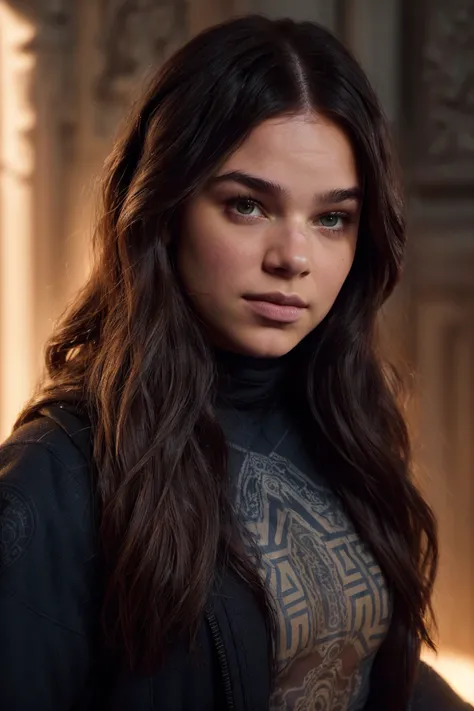 photo of a HaileeSteinfeld1, portrait, hair, (studio wall), smile, detailed face, intricate, elegant, sharp focus, photo by, soft lighting, vibrant colors, masterpiece, detailed face, beautiful