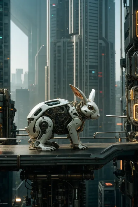 RAW Photo BREAK mechanical rabbit, white Plastic BREAK capturing the balance between technology and the environment, (cyberpunk city:1.2), intricate details <lora:Mechanicalrabbit:0.7>
