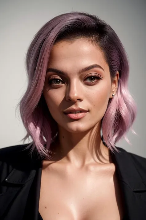 editorial portrait of a woman,(beberexha_ti_v1-3700),(pink dyed hair:1.2),Masterpiece, absurdres, award winning photo of candices, wearing a black jacket,extremely detailed, amazing,clean skin, fine detail, extremely detailed eyes and face,smiling, flirting,by helmut newton, nikon d850, film stock photograph, 4 kodak portra 400 camera, f1.6 lens, rich colors, hyper realistic, soft lighting, trending on artstation, cinestill 800 tungsten, beautiful woman