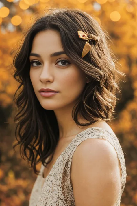 mid-shot, a beautiful woman looking into camera, shoulder, hair ribbons,
 portrait,  autumn lights