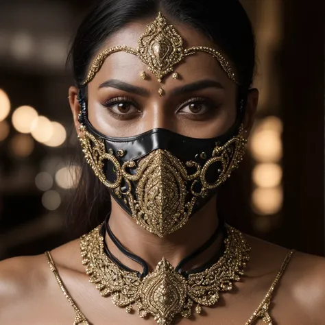 professionally color graded closeup photograph of elaborate intricate revealing minimalist quartz fetish cosplay face mask on beautiful 40 year old Indian woman in dark bar, futuristic makeup, hard focus, depth of field, <lora:epicrealismhelper:1>