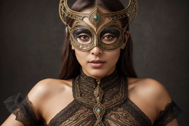 professionally color graded extreme closeup photograph of elaborate intricate art deco steel collar on beautiful seductive submissive young Guatemalan woman with smoky eyes and sexy cosplay eye mask, dark crowded costume party, fetish, bondage, from front, hard focus, depth of field, <lora:epiCRealismHelper:1>