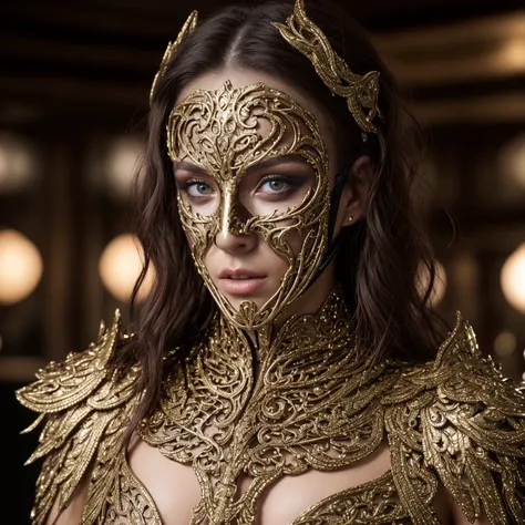 professionally color graded closeup photograph of elaborate intricate revealing metallic wood fetish cosplay face mask on beautiful 21 year old Irish woman in dark bar, futuristic makeup, hard focus, depth of field, <lora:epicrealismhelper:1>