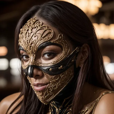 professionally color graded closeup photograph of elaborate intricate revealing transparent wooden fetish cosplay face mask on beautiful 50 year old Venezuelan woman in dark bar, futuristic makeup, hard focus, depth of field, <lora:epicrealismhelper:1>
