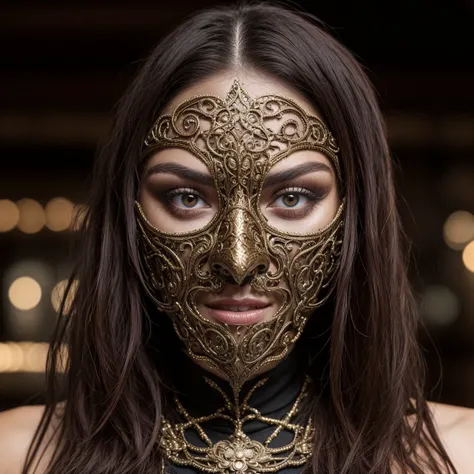 professionally color graded closeup photograph of elaborate intricate revealing embroidered bronze fetish cosplay face mask on beautiful 25 year old Italian woman in dark bar, futuristic makeup, hard focus, depth of field, <lora:epicrealismhelper:1>