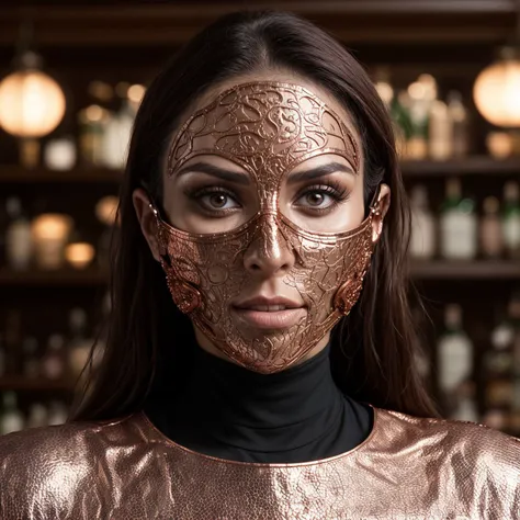 professionally color graded closeup photograph of elaborate intricate revealing see-through copper fetish cosplay face mask on beautiful 50 year old Lebanese woman in dark bar, futuristic makeup, hard focus, depth of field, <lora:epicrealismhelper:1>