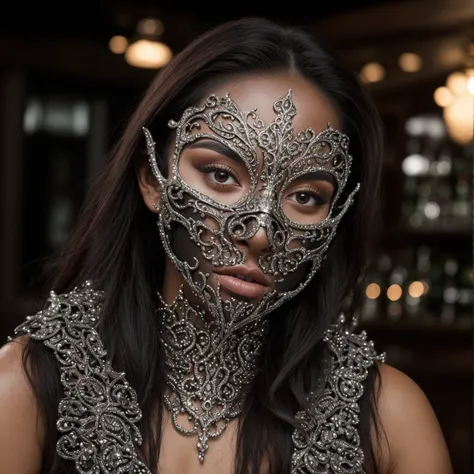 professionally color graded closeup photograph of elaborate intricate revealing dramatic silver fetish cosplay face mask on beautiful 21 year old Guatemalan woman in dark bar, futuristic makeup, hard focus, depth of field, <lora:epicrealismhelper:1>