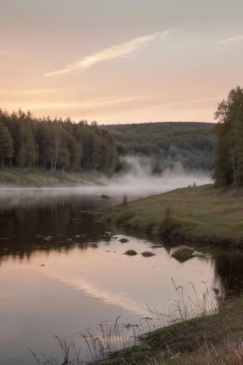 masterpiece, best quality, vivid colors, high quality, RAW photo, rural, Norway, nature, wild, forest, grass, beautiful sky, desolate landscape, scenery, pink sunset, fog, realistic, calm atmosphere, river, summer,
