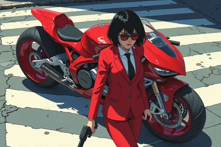 Anime style. Overhead shot of a woman walking away from a futuristic motorcycle parked at a zebra crossing. The woman has short black bob hair, is smoking. She wear a red business suit, white shirt, black tie, and sunglasses. She holds a gun with a confident grip. The motorcycle itself is red, sleek and metallic, with intricate designs and a futuristic vibe. <lora:MJanime_flux_lora_v1_000004000:0.8>