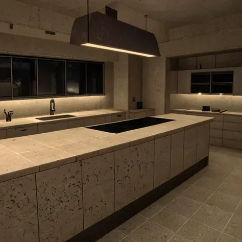 A luxurious, modern kitchen in desert, Dark with a lamp hanging <lora:Counter_Strike_Global_Offensive_Artstyle:1><lora:LCM_Lora_15:1.0>