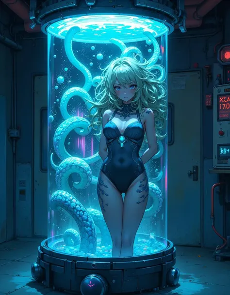 a young woman with blonde hair, beautiful detailed eyes, beautiful detailed lips, extremely detailed face, long eyelashes, wearing a revealing silvery space swimsuit, in a bubble dome on an alien world, being grabbed by a tentacled alien bug, ray pistol in hand, hyperrealistic, 8k, photorealistic, studio lighting, physically-based rendering, extreme detail description, vibrant colors, dramatic lighting, cinematic composition, concept art style