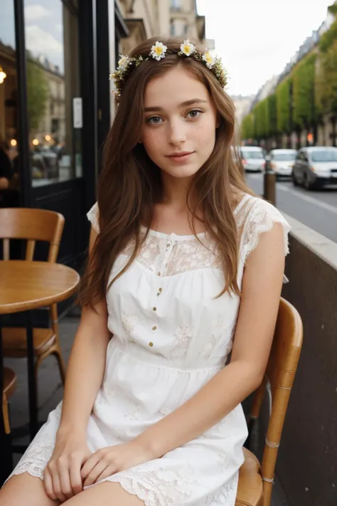 (best quality,hyper-realistic,ultra-detailed,8k), teenager, fifteen years old, shy, sad, paleness, big blue eyes, very white skin, small nose, short brown hair with bangs, melancholy, delicate, feminine, garden of thousand white roses, Eiffel tower, school Student.