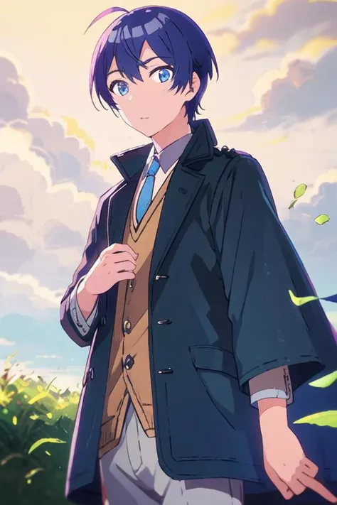 masterpiece, best quality, high quality, 1boy, solo, male focus, looking at viewer, , depth of field, <lora:sueharu_maru:0.74>, sueharu_maru, blue eyes, blue hair, coat