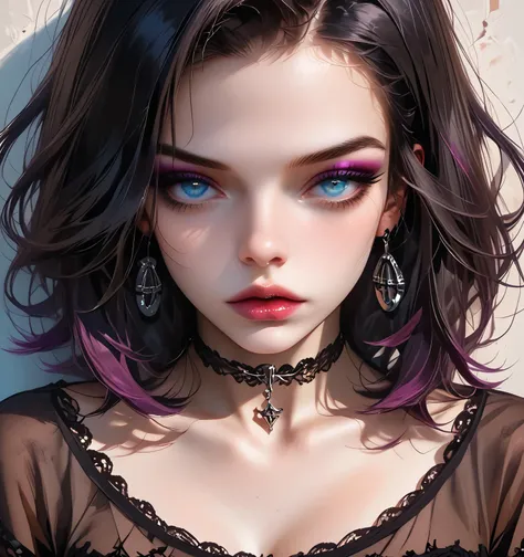 score_9, score_8_up, score_7_up, 1girl, solo, Goth girl, Goth girl 1girl, seductive, sexy, slutty, flirting, close up, foreshortening, sharp, <lora:Goth_girl_XL-v2:0.7>, lips, makeup, slutty, lace choker, eyeliner, eyeshadow, blue eyes, see-through shirt, from above, looking up, looking at viewer, see-through cleavage, <lora:Hyperrealistic_mix:1>, realistic